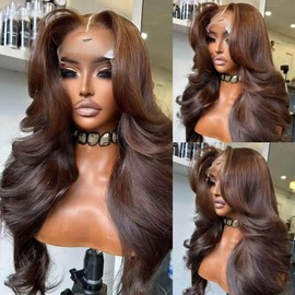 200 Density 13X6 Chocolate Brown Body Wave Lace Front Wigs Human Hair 13x6 HD Transparent Lace Front Wigs For Women Auburn Brown Colored with Baby Hair Glueless Wigs Human Hair Full And Thick 24Inch