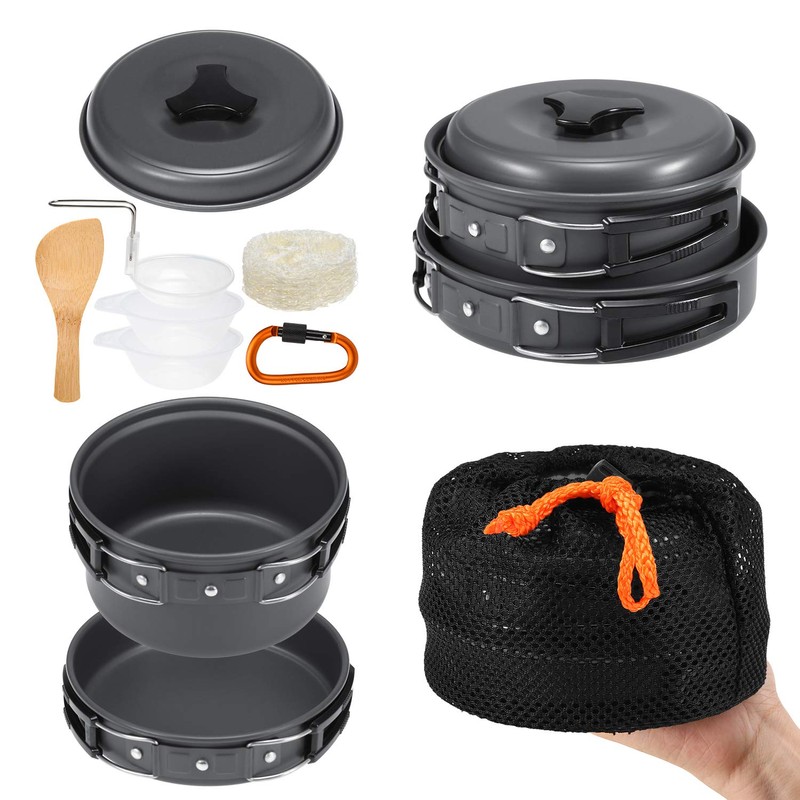 Lixada 10Pcs Camping Cookware Mess Kit Lightweight, Compact, Durable Pot