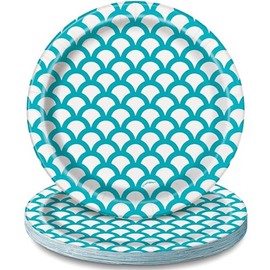 Unique 37204 37204-18cm White Party Plates, Pack of 8, Scallop Print, Caribbean Teal, 7 Inches