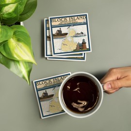 Block Island, Rhode Island, Nautical Chart with Ferry (Absorbent Ceramic Coasters Set of 4 Matching Images, Cork Back, Kitchen Table Decor)