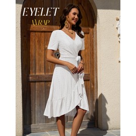 Dressystar Women 2025 Eyelet Summer Dress Short Sleeve V Neck Ruffle Wrap Spring Wedding Guest Sun Vacation Midi Casual Dresses White L