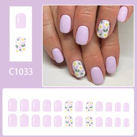 QEYRIYI White Flowers Press on Nails Short Square Fake Nail with Summer White Floral Designs Purple False Nails Acrylic Glue on Nail Glossy Full Cover Artificial Stick on Nail for Women 24 Pcs