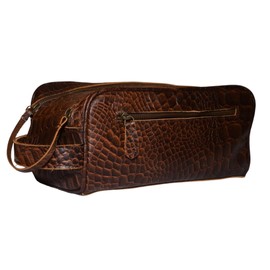 Premium Buffalo Leather Unisex Toiletry Bag Travel Dopp Kit (King Size )Shaving kit Accessories :Shaving Brush Case , Razor Protective Travel Case ( Combo of 4 Items) (Crocodile Print) (Croco Brown)