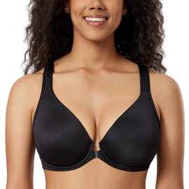 DELIMIRA Women's Front Fastening Bras Seamless Unlined Racer Back Plus Size Underwired Plunge Bra Black 46E