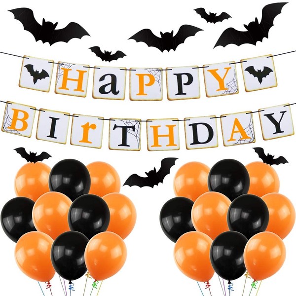 UTOPP Halloween Birthday Party Decorations, Latex Balloons & Happy Birthday Banner& Black Vampire Bat（32pcs) for Halloween Theme Party Supplies Decorations Kit for Kids