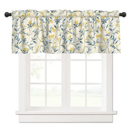 NeuKim Valance for Windows Yellow Floral Blue Leaf Decorative Rod Pocket Kitchen Curtain Valances Short Window Valance Curtains for Living Room Bedroom Bathroom 1 Panel 54x18Inch