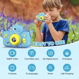 KANAD Kids Camera, Toys for Age 3-8 Year Old Boys, Easter Basket Stuffers Gifts for Kids, 1080P HD Selfie Digital Video Camera for Toddlers - Blue