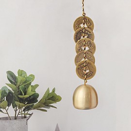 Door Opening Bell Hanging Bell Good Luck Bell Chinese Feng Shui Bell with 5 Coins for Wealth and Healthy Home Hanging Pendant Wind Chime