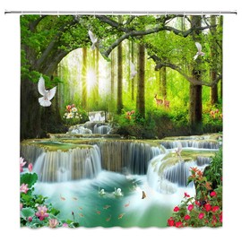 XZMAN Forest Waterfall Shower Curtain Nature Rainforest Tree Wild Animals Deer Birds Flower Butterfly Sunrise Summer Scenery Bathroom Decor Quick Drying Polyester Fabric Set with Hooks,(70" WX70 H)