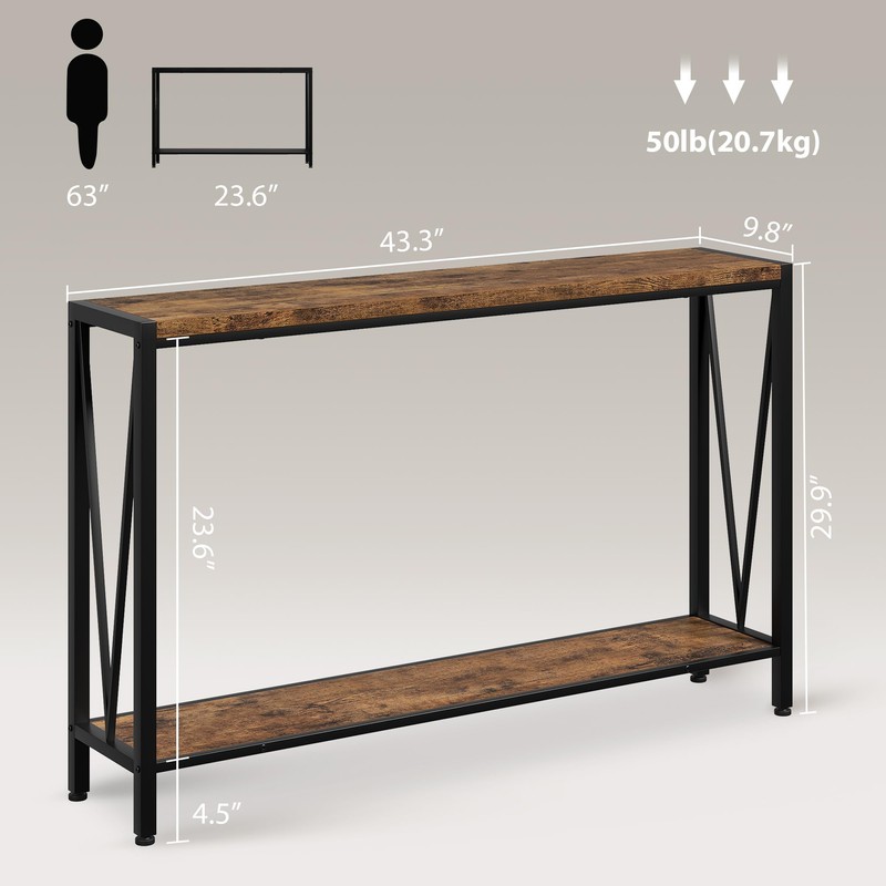 Industrial Console Table, 2 Shelf Entryway Table with Storage, Narrow