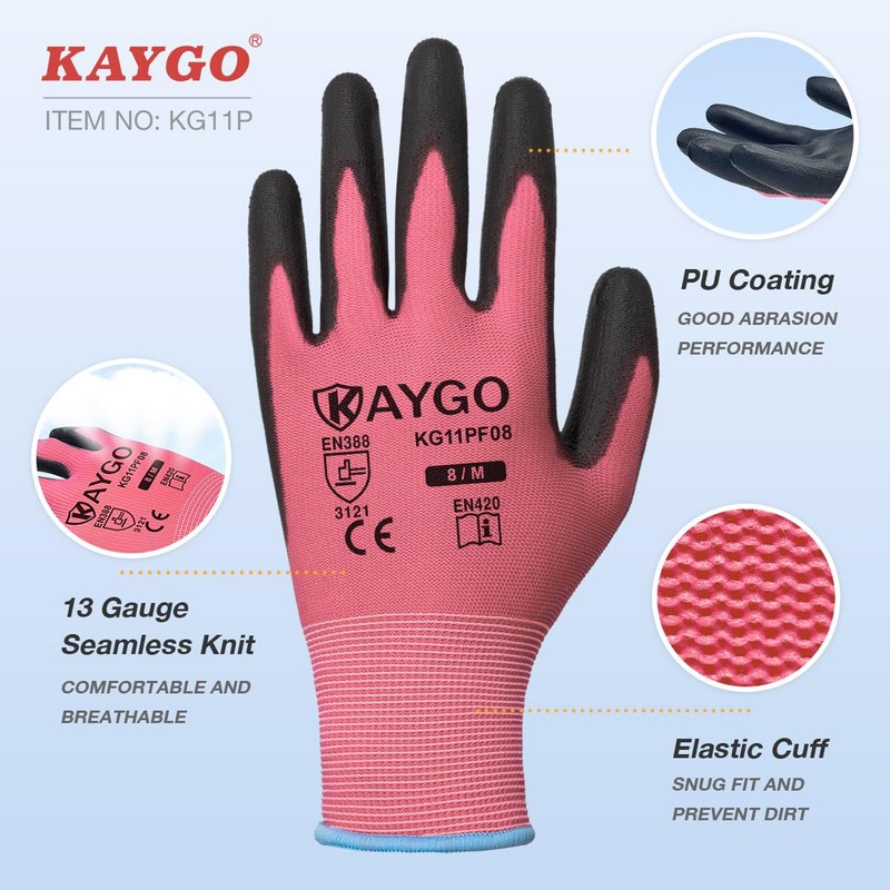KAYGO Safety Work Gloves PU Coated-12 Pairs, KG11P Seamless Knit