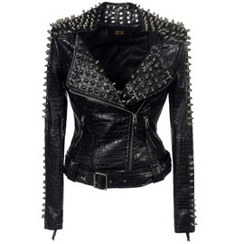 SX Women Punk Faux Leather PU Black Jacket Studded Rivet Fashion Streetwear Motorcycle Coat (3XL, Black)