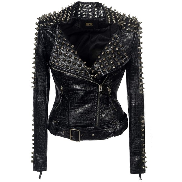 SX Women Punk Faux Leather PU Black Jacket Studded Rivet