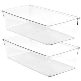 Amtido Drawer Organiser Tray Set - Clear Plastic Containers for Kitchen Utensils, Cosmetics, Food, and Stationery - Use in Drawers, Cupboards, Fridge, and Countertops (2 Pack - 15.2 x 30.5 x 8.3)