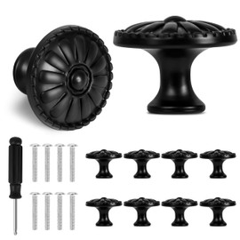Fyshird Pack of 8 Cabinet Knobs, Flowers, Vintage Furniture Knobs, Black Cabinet Handles, Door Knobs, Round Knobs for Cupboards, Drawer, Dresser, Wardrobe (Screws 26 mm, 30 mm & Screwdriver)