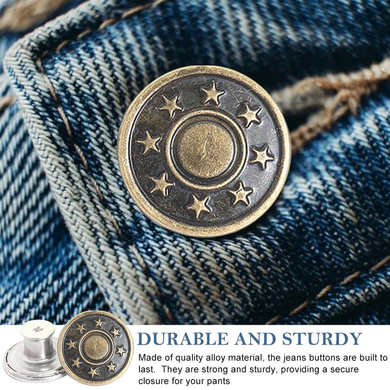 10Pcs Jeans Buttons with Threads Rivets and Screwdriver, 17mm Adjustable