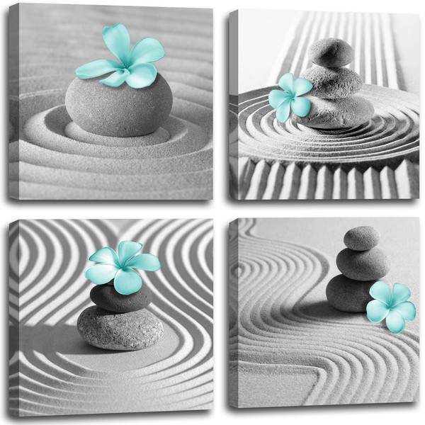 Yxbhhym Gray Wall Art Zen Wall Art Teal Floral Paintings Black and White Decor Zen Stone Sand Pebble Canvas Flower Artwork for Wall Home Decoration Bathroom Wall Decor 12''x12''x4pcs