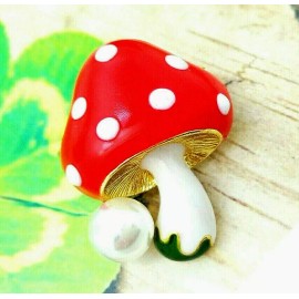 Unbranded Delightful MAGIC Mushroom Polka Dot Gold PEARL Red Enamel Brooch Red