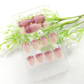 French Tip Press on Nails Square Short Fake Nails Light Pink Acrylic Nails Press ons Glossy Glue on Nails Fall False Nails with Glitter Lines Designs Artificial Nails for Girls Women 24Pcs