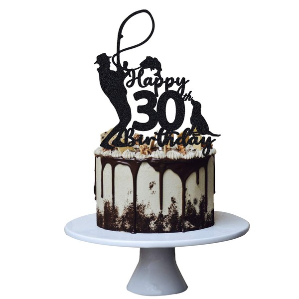 Fishing 30th Birthday Cake Topper for Man Fisherman Theme Decoration , Funny 30 Year Fabulous and Happy Thirty Party , Handmade (Black）