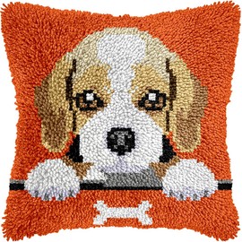 veirousa Beagle Puppy Latch Hook Kits for Adults Kids, Beginners DIY Throw Pillow Kit Pre-Printed Mesh Canvas Hook and Latch Rug Kits Cross-Stitch Cushion Cover for Home Sofa Decoration 17x17 in.