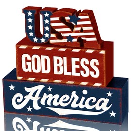 Huquary 3 Pcs Farmhouse 4th of July Patriotic Table Sign Independence Day Table Wood Decorations Patriotic Themed Rustic Farmhouse Wood Block Sign for Party Home Desk