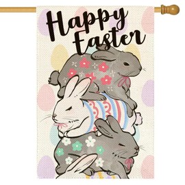 ARGOOFG Happy Easter Bunny House Flag 28x40 Inch Double Sided Outside Rabbits Easter Eggs Spring Flower Seasonal Decorative Holiday Large Garden Yard Flag Outdoor Decoration 4-28