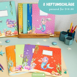 Papierdrachen 8 high-quality paper notebook covers for children, A4, mermaid motif, notebook cover, ideal for school, notebook cover 250 g/m², set number 20