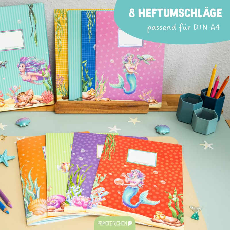 Papierdrachen 8 high-quality paper notebook covers for children, A4, mermaid