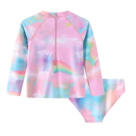 Little Girls Rash Guard Set for Girls Long Sleeve Swimsuits with Bikini Bottom UPF 50+ Two Piece Swim Set Blue Pink Rainbow 5T