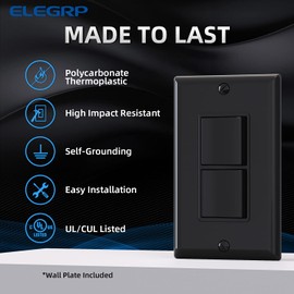 ELEGRP Decorator Double Rocker Light Switch, Two Single Pole Electrical Paddle, 15A 120V, In-Wall On/Off, Self-grounding, Wall Plate Included, UL Listed (2 Pack, Glossy Black)