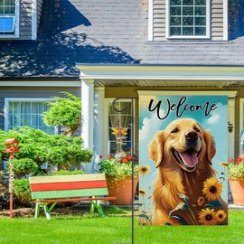 Balgardekor Summer Dog Golden Retriever Garden Flag Double Sided Welcome Dog Seasonal Sunflower Floral Yard Ourdoor Decoration 12x18 Inch Outside Small Yard Flag (12.5 x 18, Golden Retriever Sunflower)