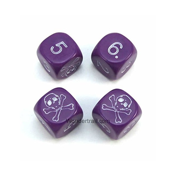 WKP00520DE4 Skull Dice D6 Purple Opaque with White Numbers 16mm (5/8in) Set of 4 Dice Koplow Games