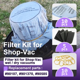 10 Pack 90107/90585 Paper Disc Filter & Foam Sleeve Filter Set - 9010700, 9013700, 9058500 Filters for Shop Vac 5 Gallon, Includes Retaining Bands, 90585 Shop Vac Filter Foam, VF2002 Paper Disc Filter