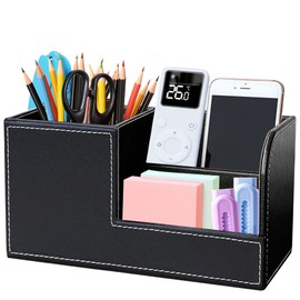 VKFOFEG Schreibtisch Organizer, PU Leder Stiftehalter Schreibtisch, Büroorganizer mit 3 Speicherabteil, Multifunktionaler Stifte Organizer, Büro Organizer Bürobedarf für Büro Zuhause Schule (Schwarz)