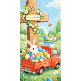 BlissYard Happy Easter Door Banner Door Cover 70x35 Bunny Truck and Cross Background with Colorful Eggs Backdrop Door Decorations Hanging for Spring Easter Decorations and Outdoor Party Decor