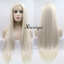 Xiweiya natural look light blonde silky straight wig with parting glueless synthetic lace front wigs heat resistant fiber