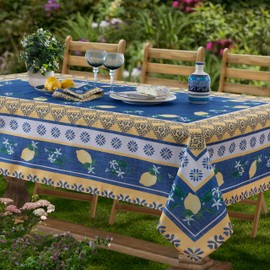 Home Bargains Plus Rectangle Fabric Tablecloth, 52 x 70 Inch, Blue Lemon Garden, Indoor Outdoor Stain and Water Resistant Fabric Table Cloth, Mediterranean Orchard