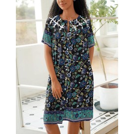 Ekouaer House Dress for Women Button Down Nightgown Short Sleeve Housecoat with pockets S-4XL,Navy Blue Flower,M