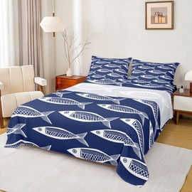 Fishes Bed Sheets Set Queen Aztec Sheet Set Traditional Mexican Mayan Ethnic Abstract Ocean Geometrical Navy Blue Sheets Marine Life Hand Drawn Ancient Tribal Sea Animal Flat Fitted Sheet