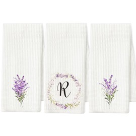 Ouksma 3 Pcs Monogrammed Kitchen Towels Initial Hand Towels Lavender Bouquet Tea Towels Farmhouse Floral Dish Towels Kitchen Decorations (Lavender Floral, R)