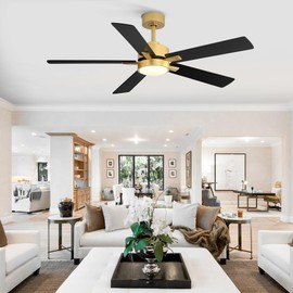 Ceiling Fans with LED Lights, 52 Inch 5-Blade Ceiling Fan Remote Control, Industrial Ceiling Fan with Reversible DC Motor, Downrod Mount LED Ceiling Light Chandelier for Bedroom (Gold & Black)