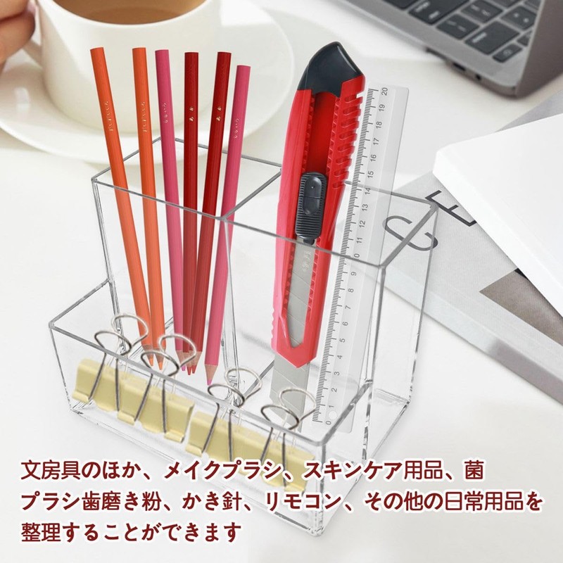 winova Acrylic Pen Holder, Transparent, 3 Tier Compartment, Pen Stand,