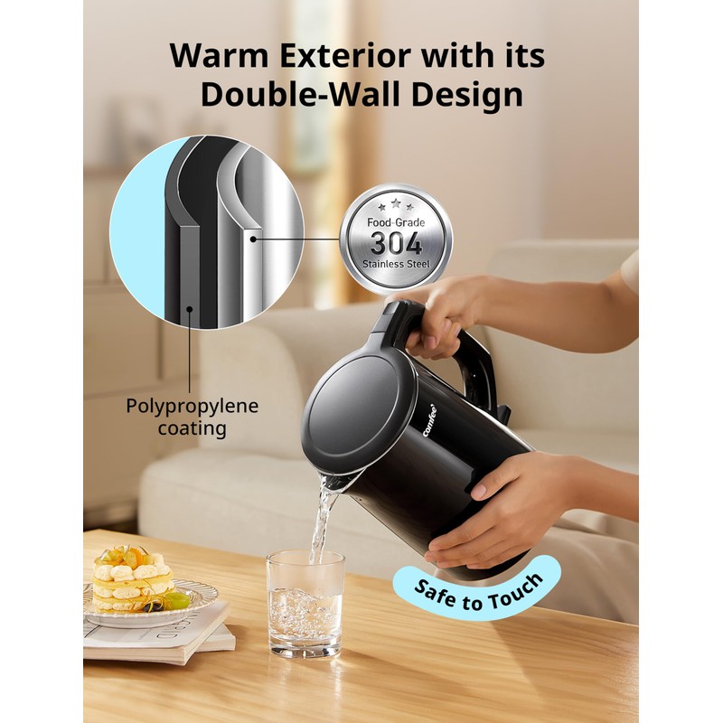 COMFEE' Electric Kettle and Tea Kettle, 1.5L Double Wall, Stainless