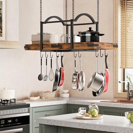 HOOBRO Pot Lid Holder, Hanging Pot Rack, Kitchen Shelf with 10 S Hooks, Ceiling Mounted Pot Organiser, Hanging Shelf with Arch Frame for Pots and Kitchen Utensils, Pan Holder for Kitchens EBF80TL01