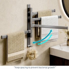yozhch Kitchen Swivel Towel Rack Wall Mounted, Bathroom Rotating Small Towel Rack, Lavatory Swing Hand Towel Holder Folding Bar, Nail-free or Drilled Mounting Options, 5 Arm Length 32cm Grey