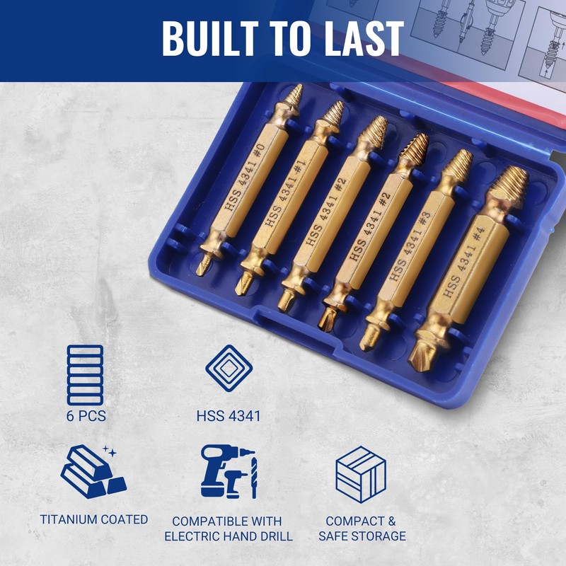 WORKPRO 6PCS Stripped Screw Extractor Set, Titanium Coated Broken Bolt