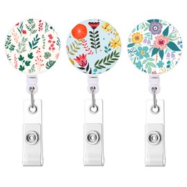 Badge Reel Retractable Cute ID Card Badge Holder with Sturdy Alligator Clip Name Nurse Decorative Badge Reel Clip on Card Holders (3 Pack Pretty Flower & Plant)