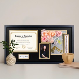 Graduation Shadow Box Frame for 8.5x11 Diploma & 4x6 Photo with Graduation Cap & Tassel Holder Class of 2025 Wood Display Case