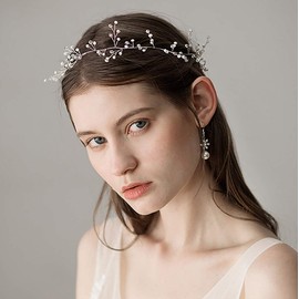 Fairvir Bridal Wedding Hair Vines Silver Pearls Side Headpieces Sparkly Rhinestone Bride Crystal Hair Accessories for Women and Girls